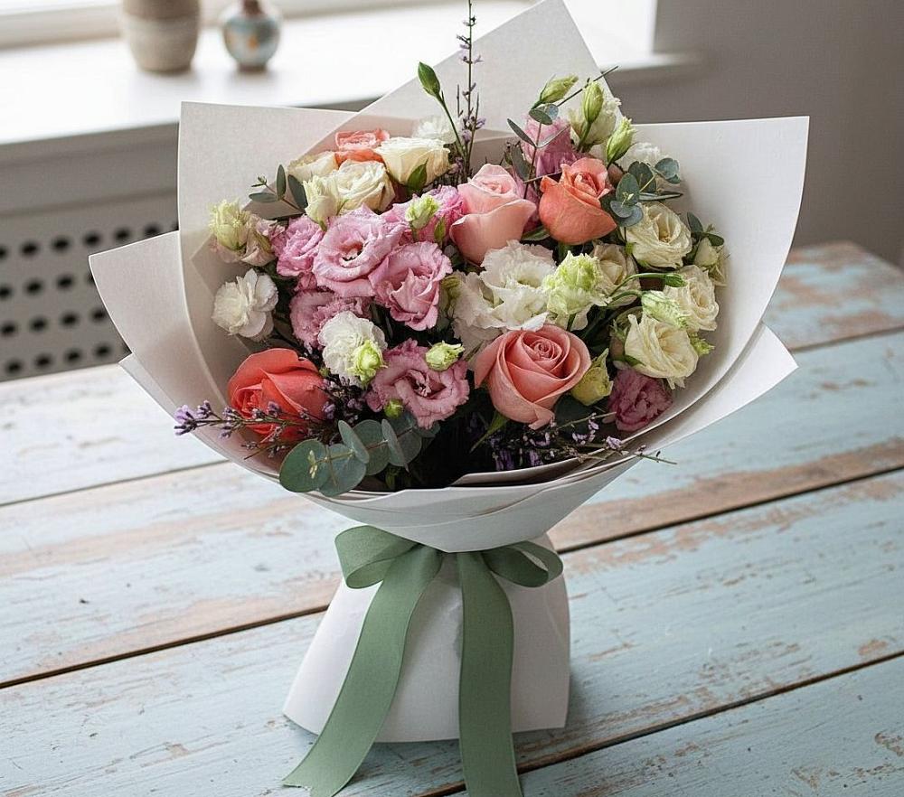 Букет цветов из: Розы, Лизиантусы и Гвоздики в Вихоревке